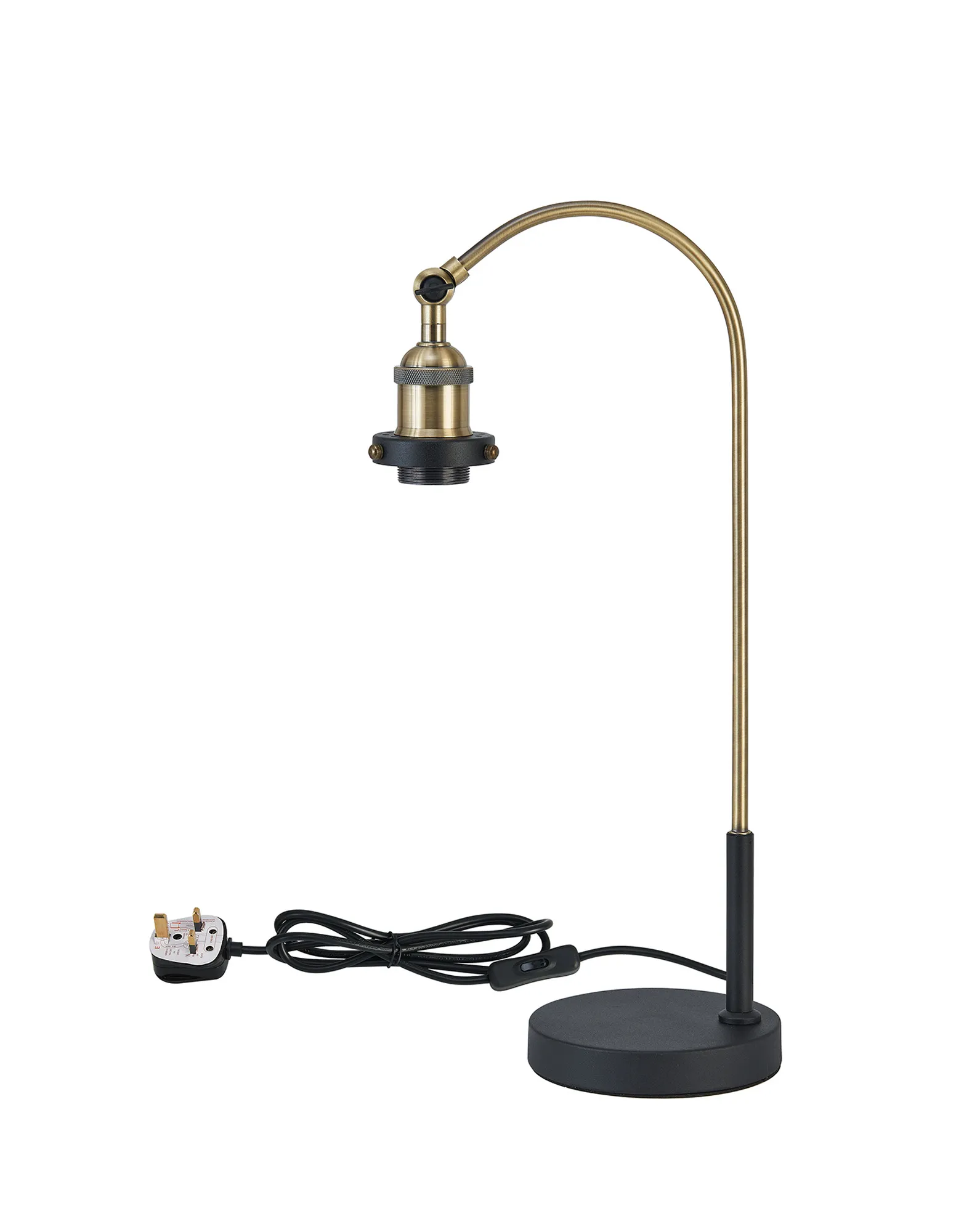 D1029AB  Dreifa Curved Over Arm Table Lamp Without Shade, 1 x E27, Antique Brass/Black